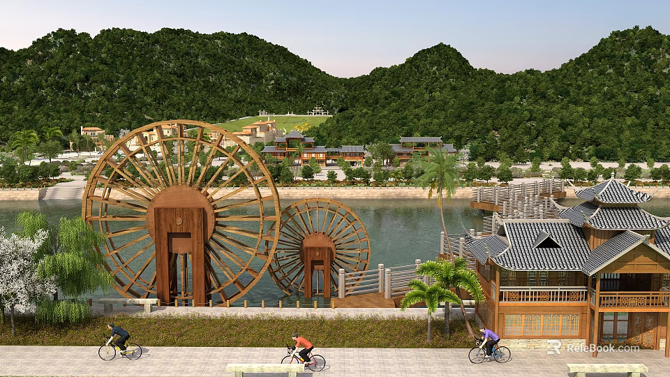 Charming Riverside Landscape With Wooden Water Wheels Lush Green Hills Traditional Buildings And Cycling Visitors 3d model 