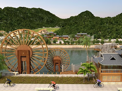 Charming Riverside Landscape With Wooden Water Wheels Lush Green Hills Traditional Buildings And Cycling Visitors 3d model