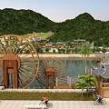 Charming Riverside Landscape With Wooden Water Wheels Lush Green Hills Traditional Buildings And Cycling Visitors