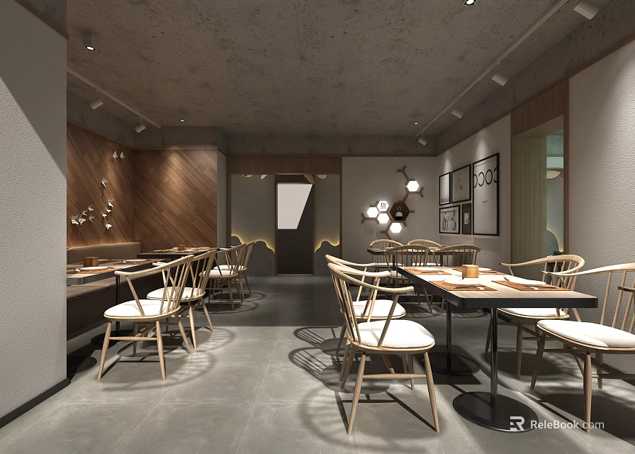 Modern Restaurant Interior Design With Wooden Walls Tables Chairs And Minimalist Lighting 3d model 
