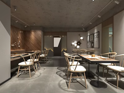 Modern Restaurant Interior Design With Wooden Walls Tables Chairs And Minimalist Lighting 3d model
