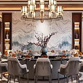 Luxurious Private Dining Room Interior With Round Table And Chandelier 3d model