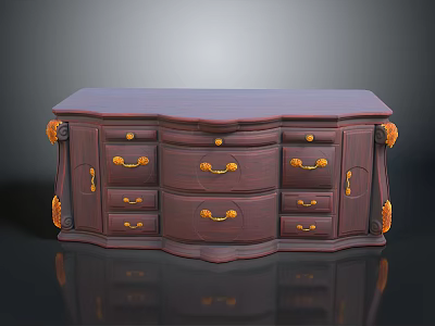 Traditional Dark Wooden Cabinet With Golden Handles Drawers And Decorative Carvings Smooth Glossy Surface Design 3d model