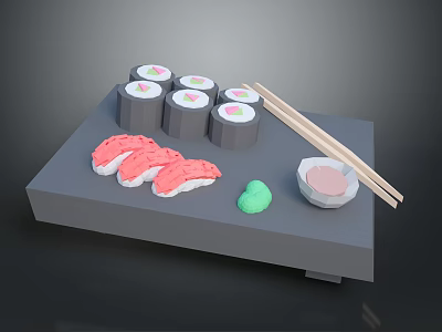 Delicious Sushi Rolls and Sashimi Slices with Chopsticks Soy Sauce and Wasabi 3d model