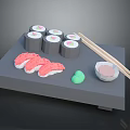 Delicious Sushi Rolls and Sashimi Slices with Chopsticks Soy Sauce and Wasabi