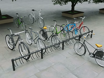 Colorful Bicycles Parked on Outdoor Bike Rack With Stone Pavement and Trees 3d model