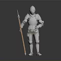 Knight In Shiny Silver Armor Standing With Wooden Spear Against Dark Background