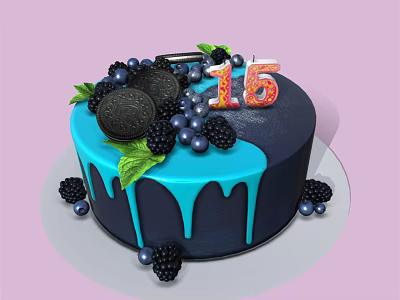 Delicious Birthday Cake With Blue Dripping Frosting Blackberries Blueberries Oreo Cookies And Number 15 Decoration 3d model
