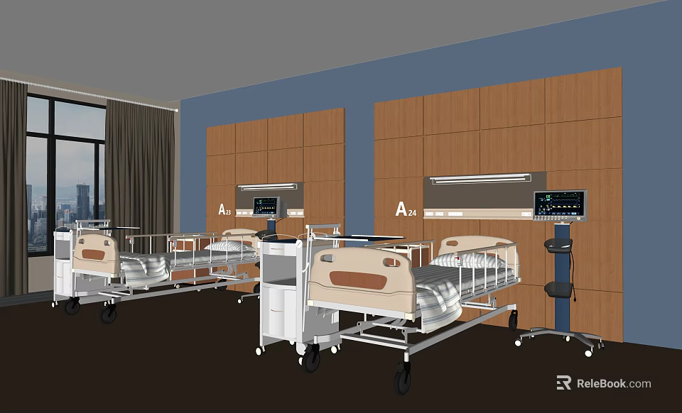 Modern Hospital Room With Medical Beds Equipment And Blue Wooden Walls 3d model 