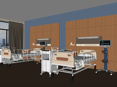 Modern Hospital Room With Medical Beds Equipment And Blue Wooden Walls 3d model