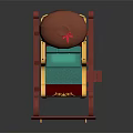 Red Sleigh Shaped Play Equipment with Golden Decorations Blue Seat and Red Top Bow