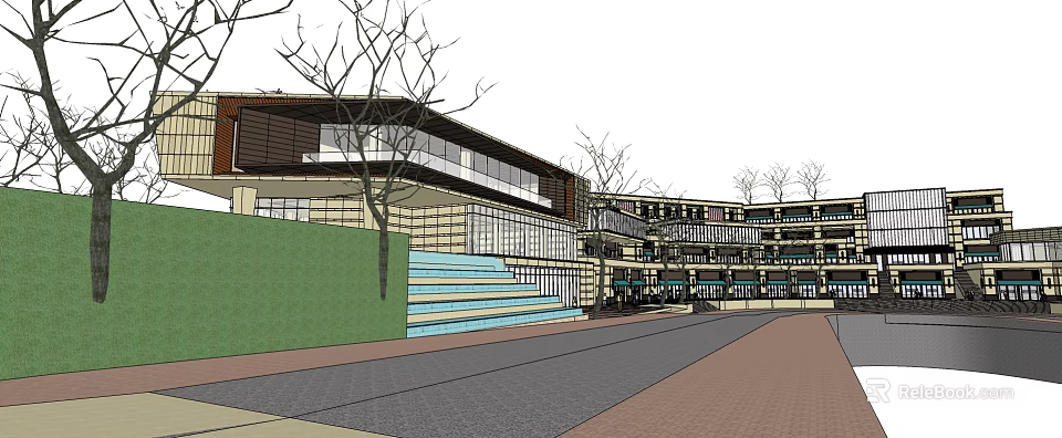 Modern Building Exterior Design With Steps Green Wall Trees And Roadway 3d model 