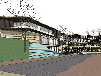 Modern Building Exterior Design With Steps Green Wall Trees And Roadway 3d model