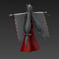 Game Character With Yellow Headdress White Gray Top Red Long Skirt Holding Feather Fan