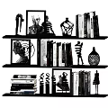 Decorative Ornament Combination on Shelves with Sculptures Photo Frames Vases and Books