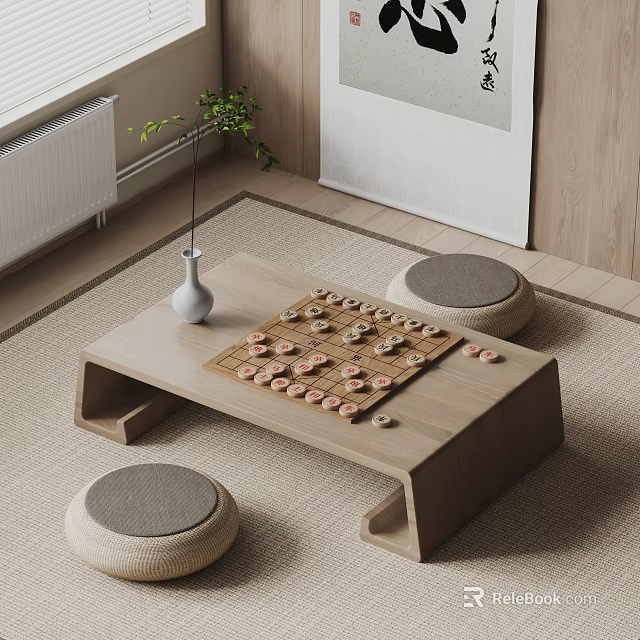 Indoor Board Game Entertainment with Wooden Chessboard Table Round Cushioned Stools and Decorative Plant 3d model 