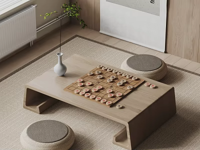 Indoor Board Game Entertainment with Wooden Chessboard Table Round Cushioned Stools and Decorative Plant 3d model