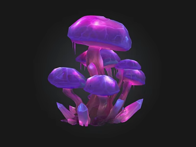 Glowing Purple Pink Mushrooms With Multiple Caps And Crystal Structures On Dark Background 3d model