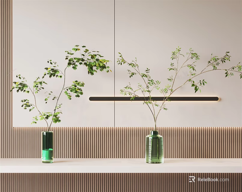 Elegant Green Vases With Green Leaf Plants On Wooden Surface And Light Wall 3d model 