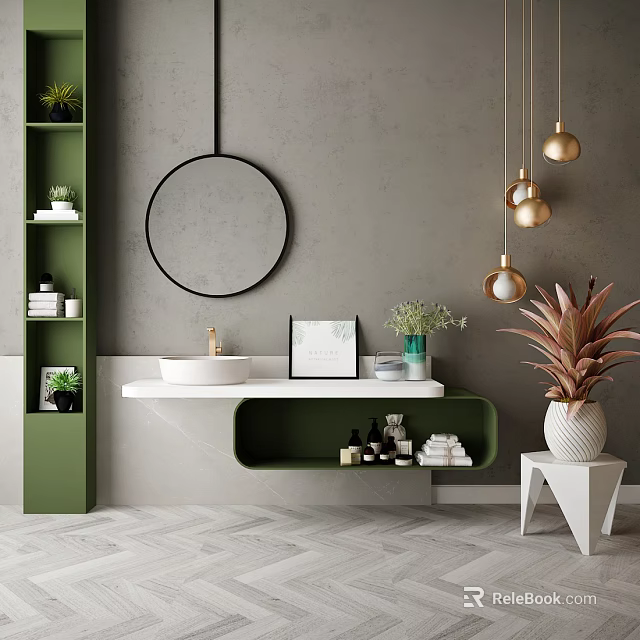 Modern Bathroom Vanity with Round Mirror White Countertop Green Cabinet and Gold Pendant Lights 3d model 