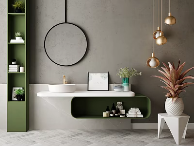 Modern Bathroom Vanity with Round Mirror White Countertop Green Cabinet and Gold Pendant Lights 3d model