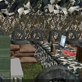 Natural Outdoor Scenery With Camouflage Shelter Sandbags Tires Metal Barrels Trees And Grassland