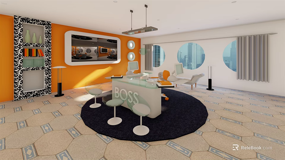 Modern Office Interior With Orange Walls Round Windows BOSS Desk White Stools And Black Rug 3d model 