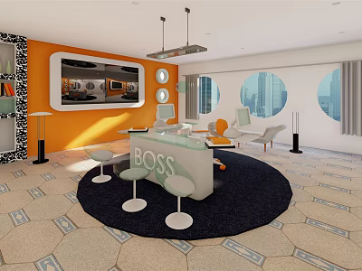 Modern Office Interior With Orange Walls Round Windows BOSS Desk White Stools And Black Rug 3d model