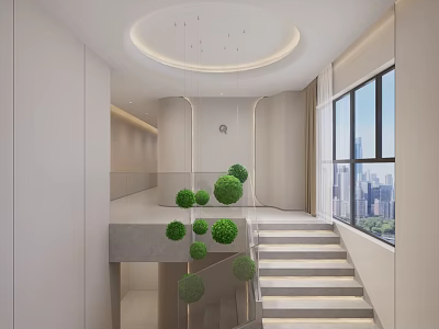 Modern Beauty and Hair Salon Interior With Staircase Green Topiaries And City View Windows 3d model