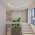 Modern Beauty and Hair Salon Interior With Staircase Green Topiaries And City View Windows