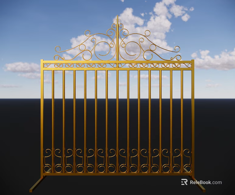 Golden Iron Gate with Intricate Curly Top Pattern Against Blue Sky and White Clouds 3d model 