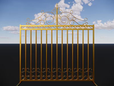 Golden Iron Gate with Intricate Curly Top Pattern Against Blue Sky and White Clouds 3d model