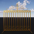 Golden Iron Gate with Intricate Curly Top Pattern Against Blue Sky and White Clouds