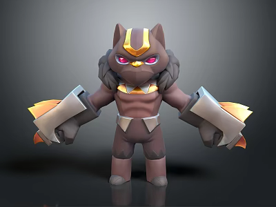 Cartoon Creature Character With Brown Body Yellow Stripes Red Eyes And Muscular Armor Like Arms 3d model