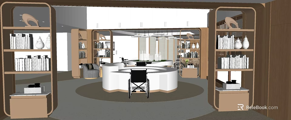 Contemporary Spacious Interior With Round White Desk Black Chair Bookshelves Decor And Sofa 3d model 