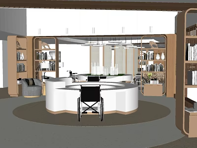 Contemporary Spacious Interior With Round White Desk Black Chair Bookshelves Decor And Sofa 3d model
