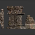 Ancient Architectural Stone Components With Intricate Carvings And Traditional Roof Designs