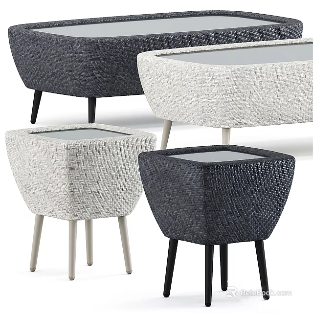 Modern Woven Stools With Gray And White Textures And Sleek Black Light Legs 3d model 