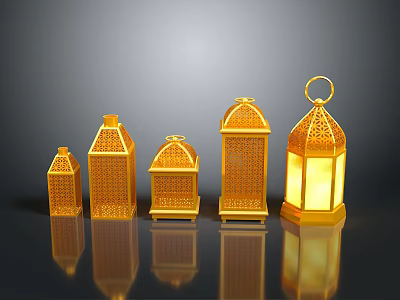 Golden Decorative Furniture Lanterns In Different Sizes With Carved Patterns And Illuminated Design 3d model