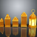 Golden Decorative Furniture Lanterns In Different Sizes With Carved Patterns And Illuminated Design