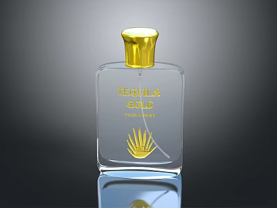 Woman holding Tequila Gold perfume with gold cap transparent bottle and agave leaf design 3d model