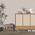 Minimalist Natural Wooden Shoe Cabinet With Woven Doors Drawers And Bench Near Shoes Plant