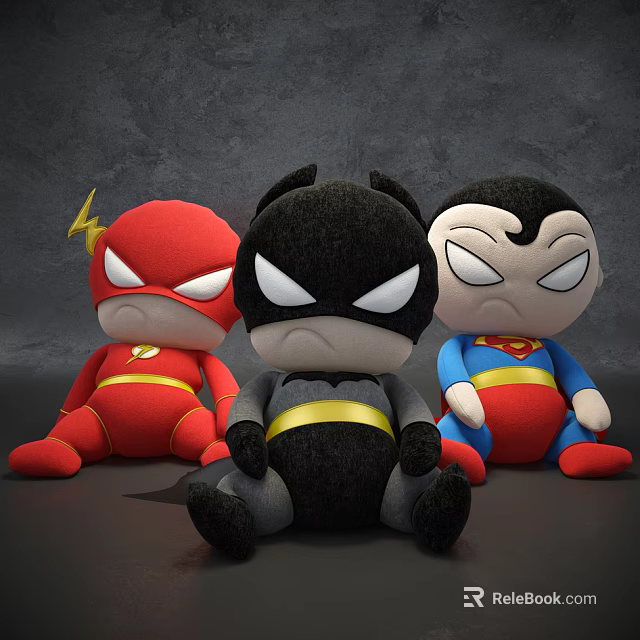 Superhero Plush Toys Featuring The Flash Batman Superman Red Black Blue Sitting Soft Stuffed 3d model 
