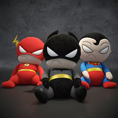 Superhero Plush Toys Featuring The Flash Batman Superman Red Black Blue Sitting Soft Stuffed 3d model