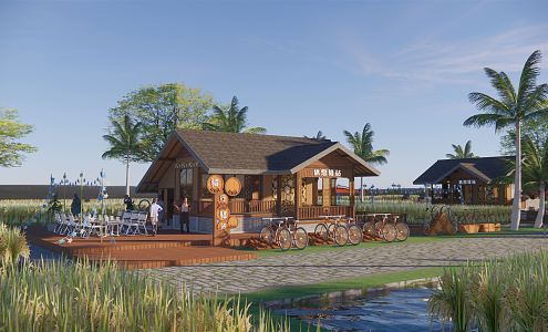 New Chinese Style Post Holiday Wooden House Rice Field Restaurant Ride Post Leisure Wooden House Picnic Net Red Farm Rural Landscape Corridor Rice 3d model