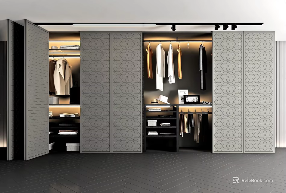 Modern Gray Wardrobe Interior Design With Hanging Clothes Drawers And Lighting 3d model 