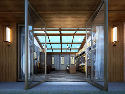 Modern Interior Space With Glass Doors Skylight Wooden Walls And Decorative Paintings 3d model