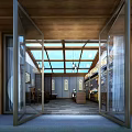 Modern Interior Space With Glass Doors Skylight Wooden Walls And Decorative Paintings
