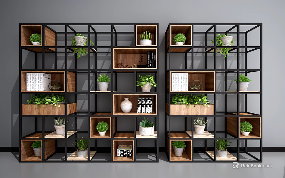 Modern Bookshelf With Multiple Compartments Green Plants Books And Decorative Items 3d model 