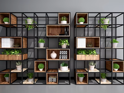 Modern Bookshelf With Multiple Compartments Green Plants Books And Decorative Items 3d model